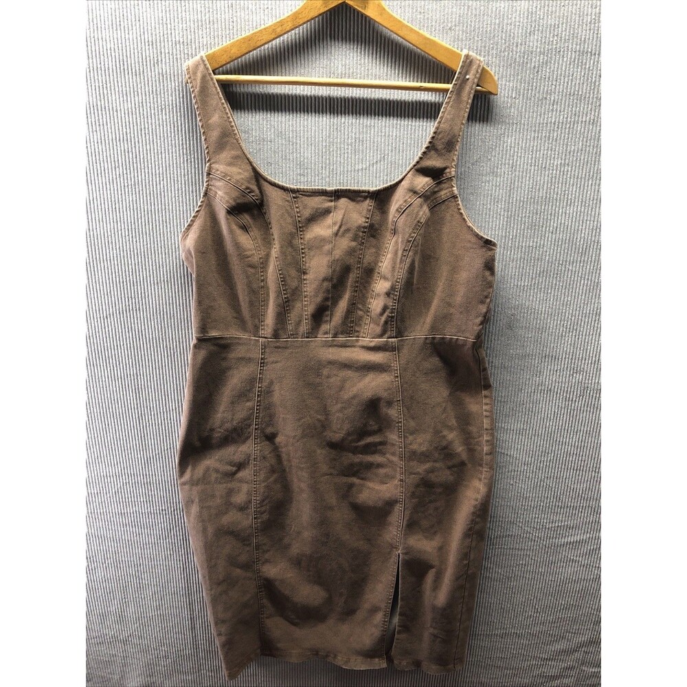 Fashion Nova Denim Dress Womens 2X Brown Wide Strap Front Slit Y2K Western